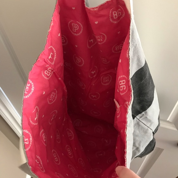 PINK tote bag, gray and black with cream handles, pink interior - Picture 7 of 12